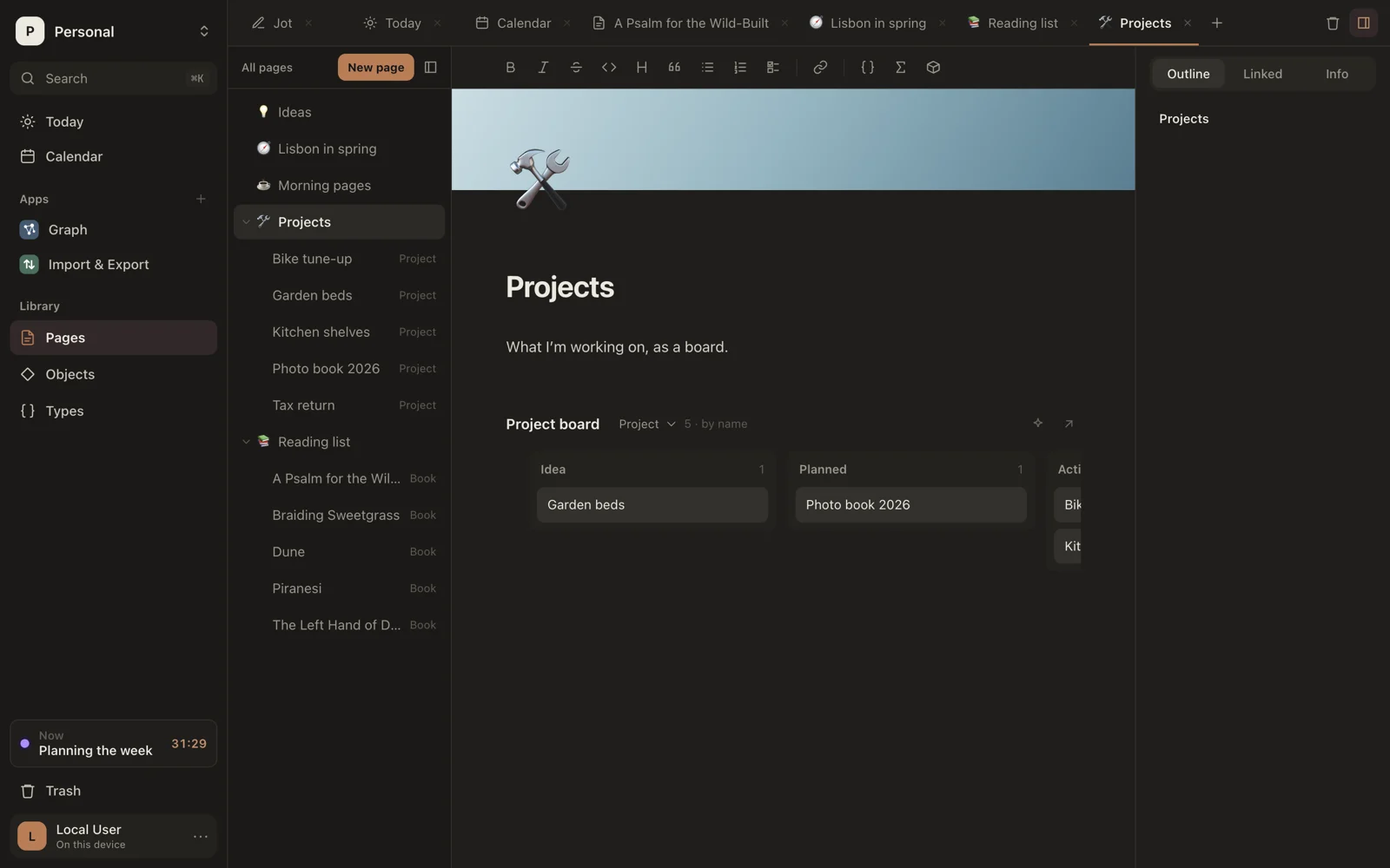 A board of projects inside a page, with a column for each status