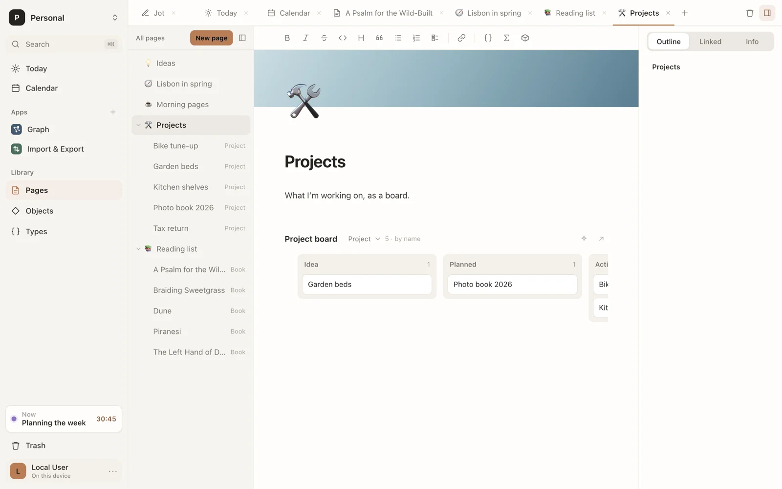 A board of projects inside a page, with a column for each status