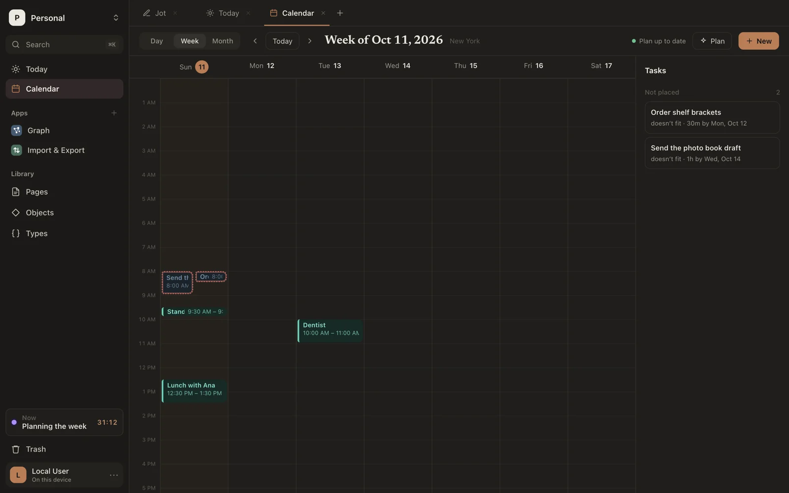 The calendar's week, with events, planned tasks, and the tasks rail