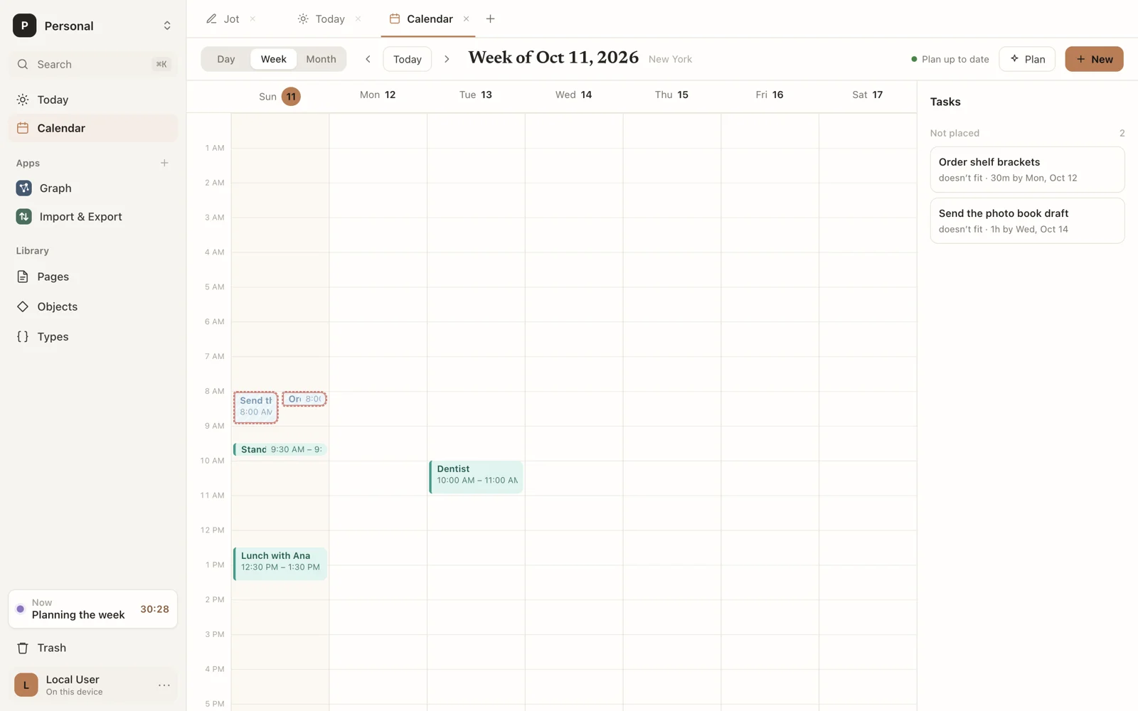 The calendar's week, with events, planned tasks, and the tasks rail