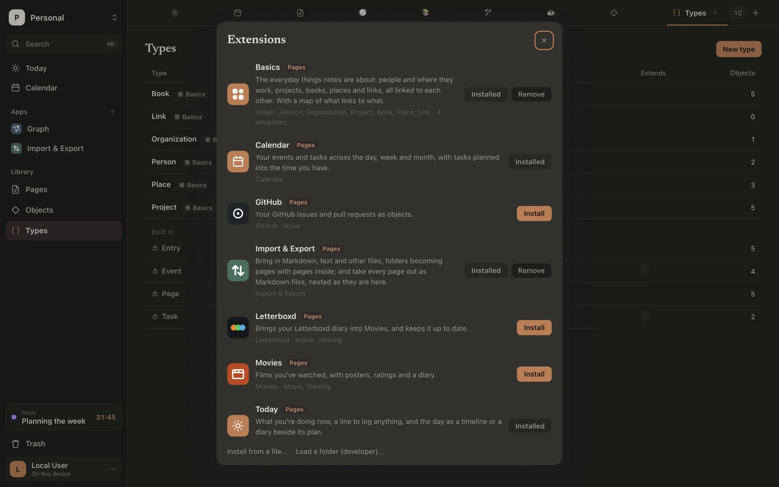 The Extensions list, with what each one brings and Install buttons
