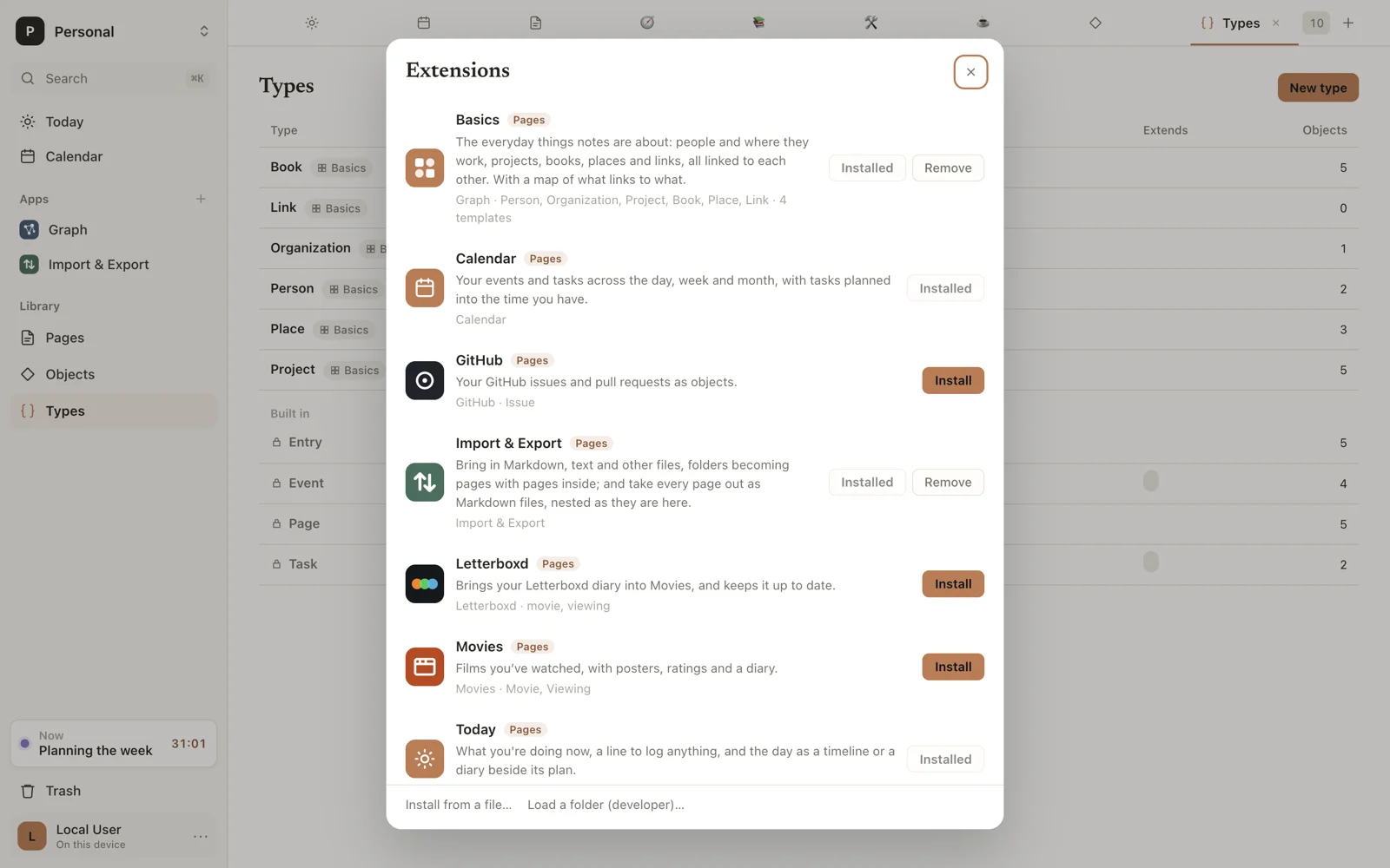 The Extensions list, with what each one brings and Install buttons