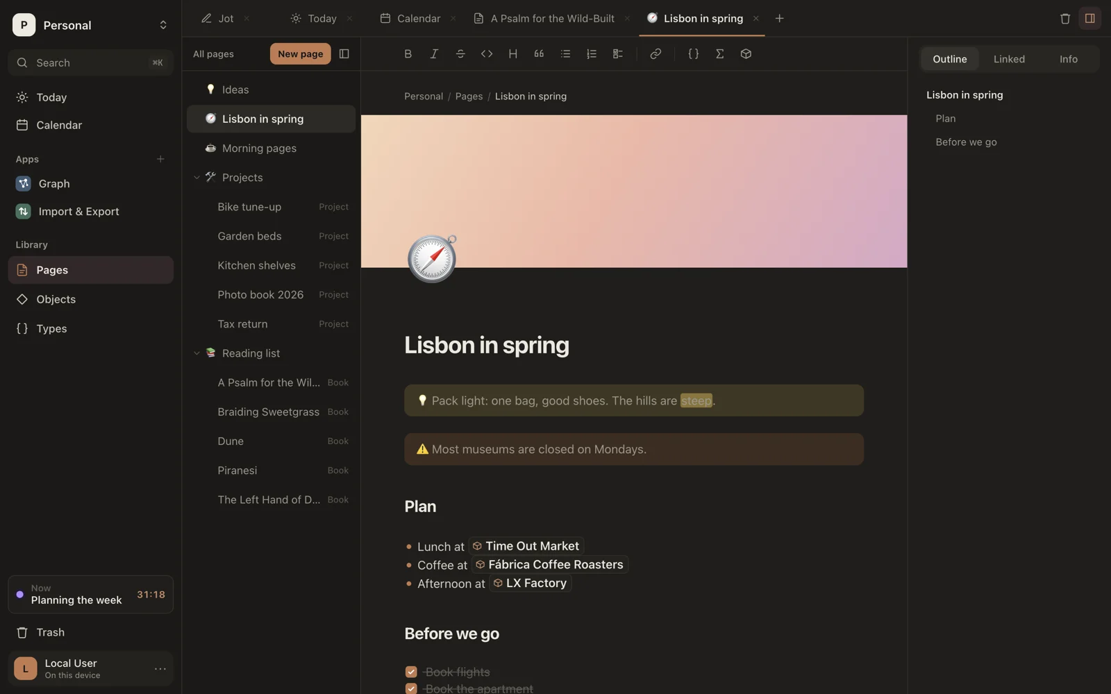 Sorus: a page with a cover, an icon, callouts and objects, beside the sidebar and the page list