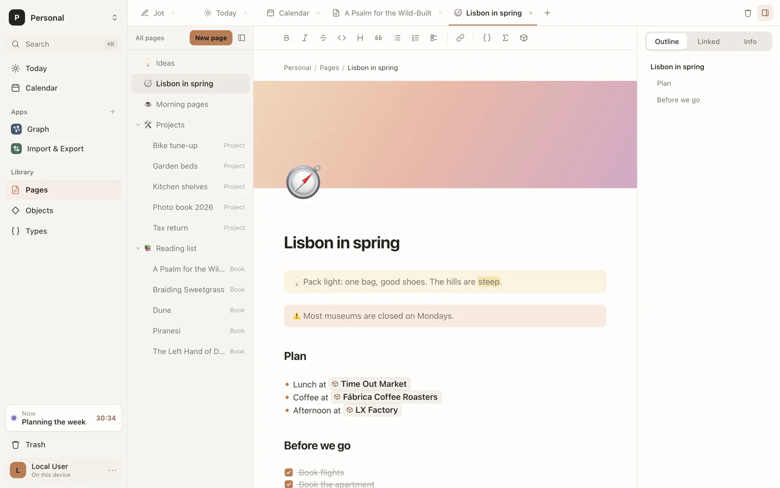Sorus: a page with a cover, an icon, callouts and objects, beside the sidebar and the page list