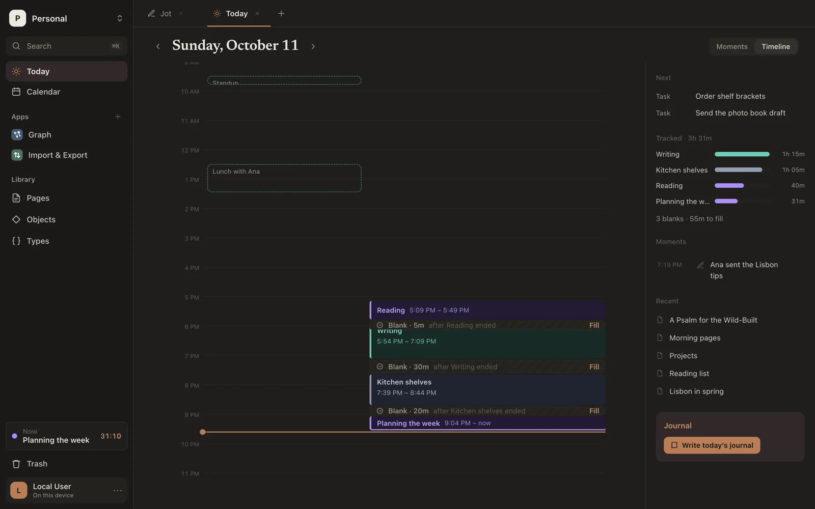 Today as a timeline: activities, blanks to fill, and events beside them, with what is next and time tracked