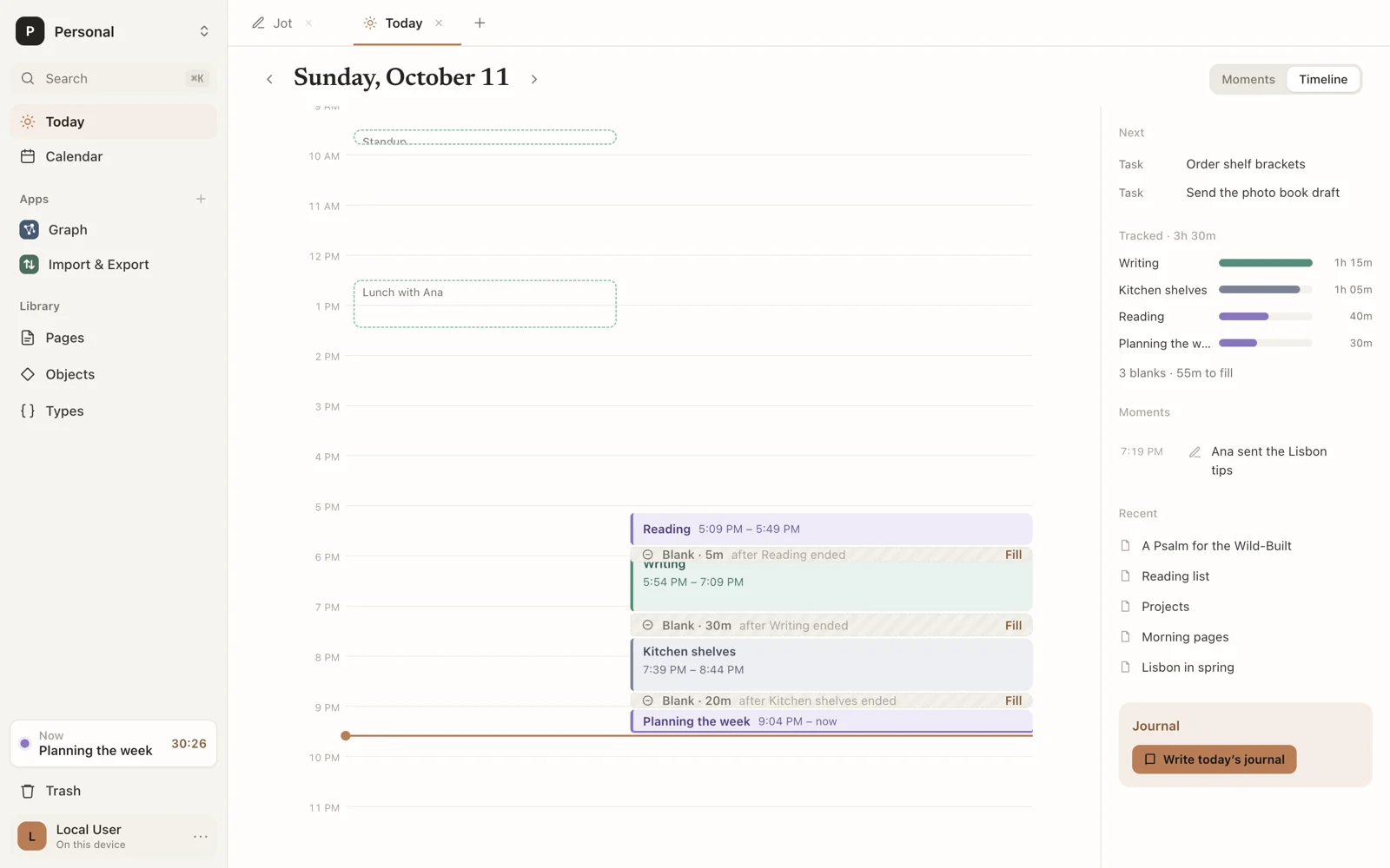 Today as a timeline: activities, blanks to fill, and events beside them, with what is next and time tracked