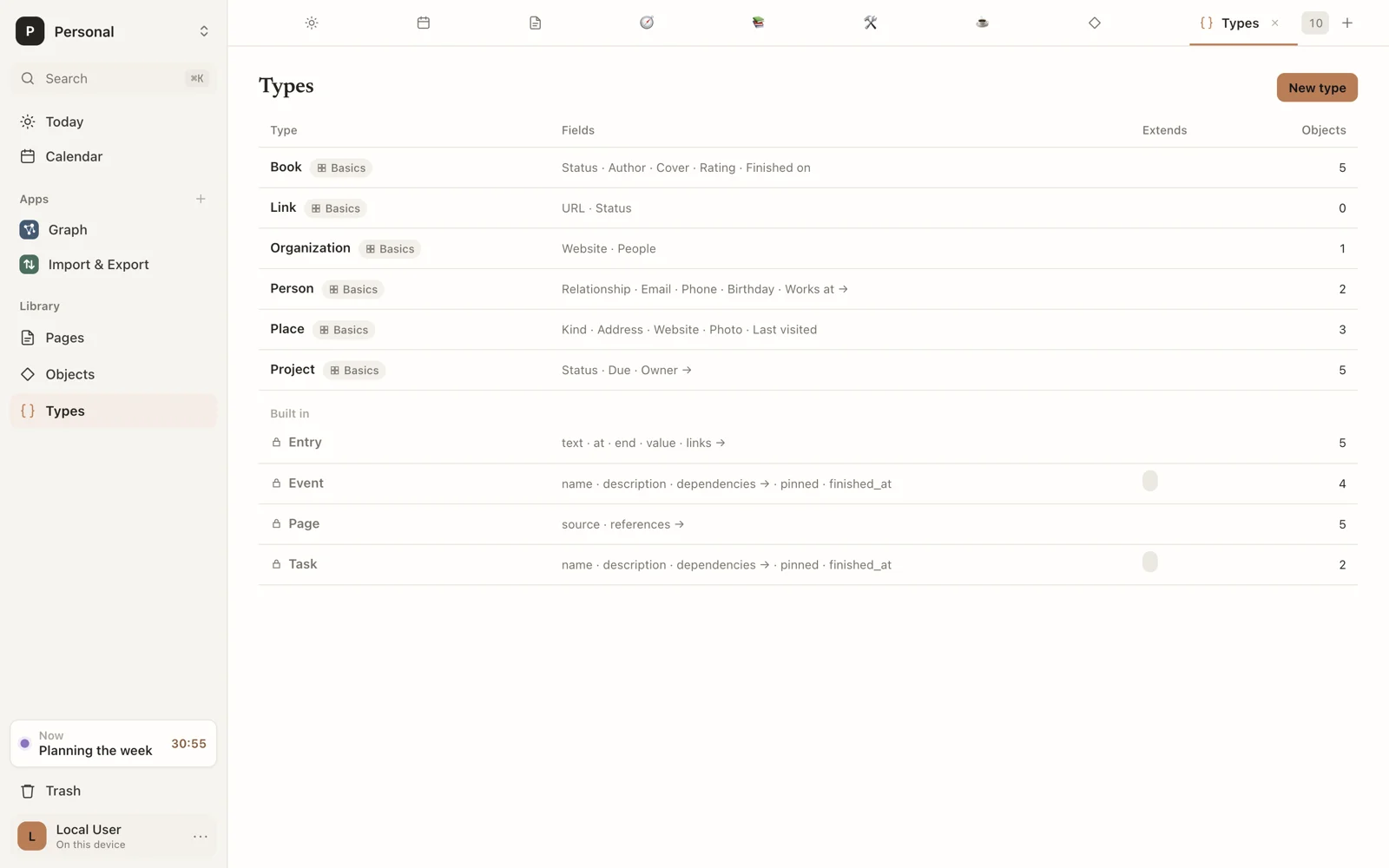 Types: each type with its fields and how many objects it has