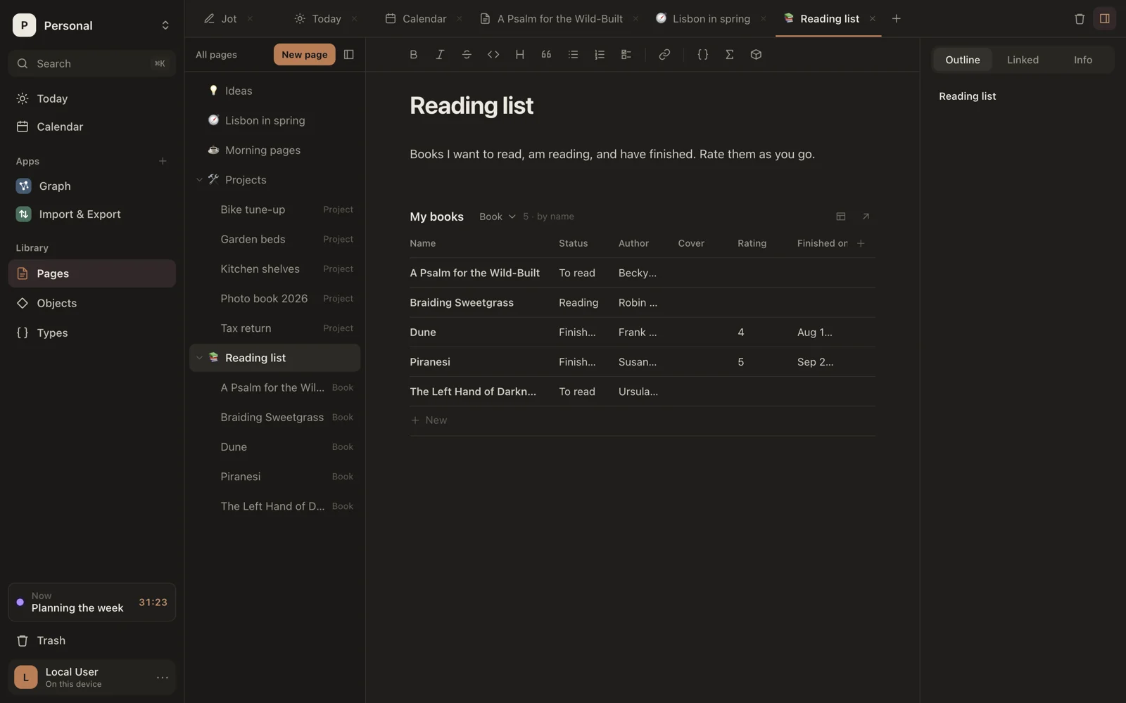 A table of books inside a page, with fields you can edit in place