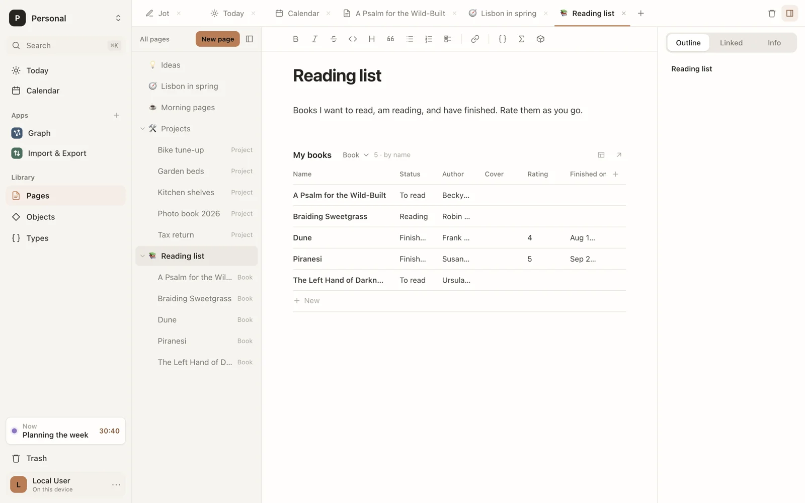 A table of books inside a page, with fields you can edit in place